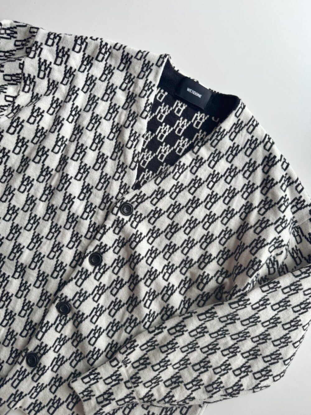WE11DONE WD1 White Black Logo Wool Cashmere Jacquard Cardigan Sweater, Size S - Picture 6 of 16